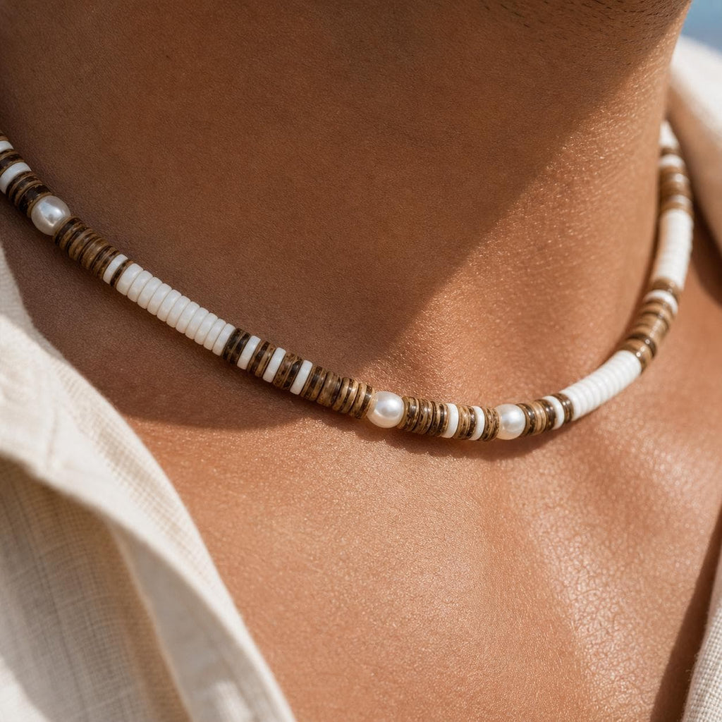 Coconut Shell and Faux Pearl Choker