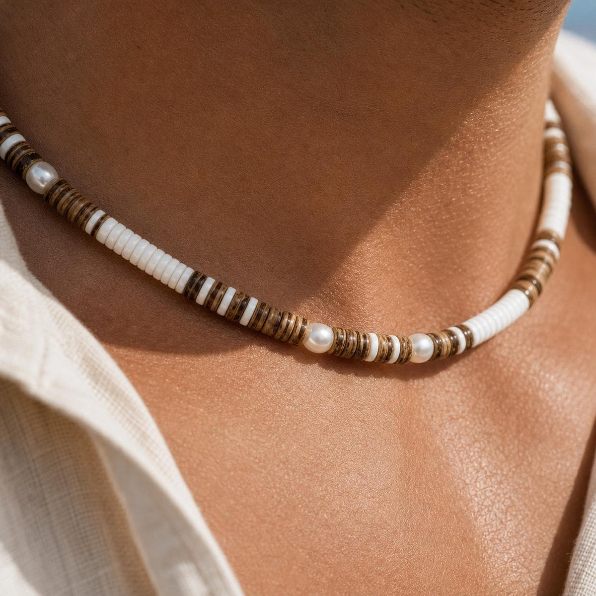 Coconut Shell and Faux Pearl Choker
