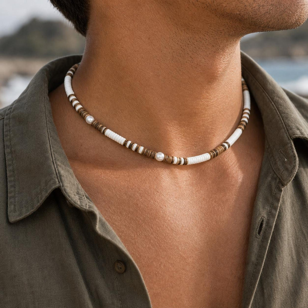 Coconut Shell and Faux Pearl Choker