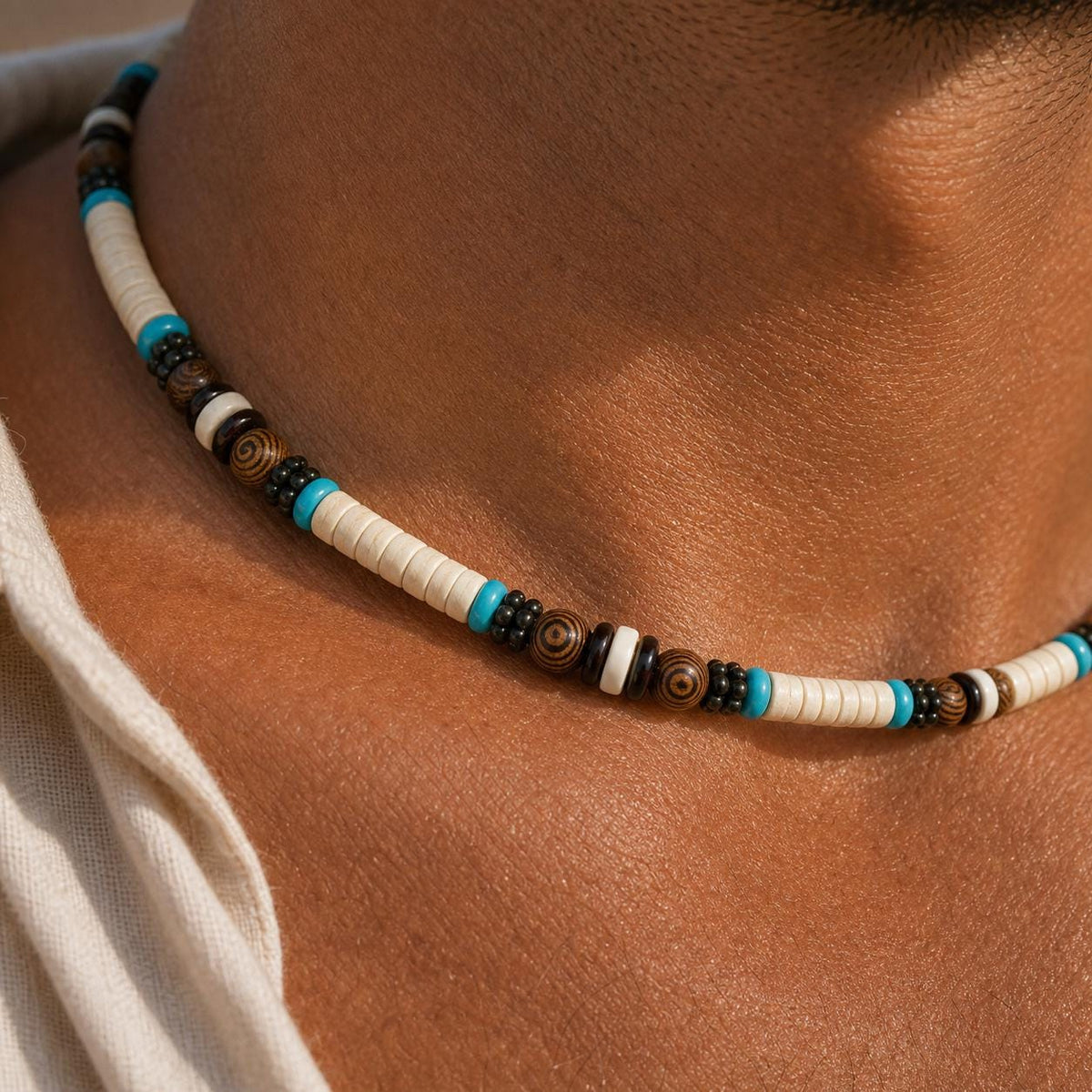 Cream Coconut Shell and Wood Bead Choker