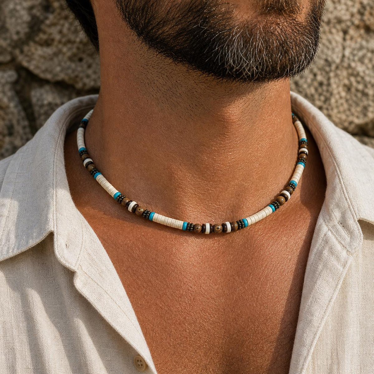 Cream Coconut Shell and Wood Bead Choker