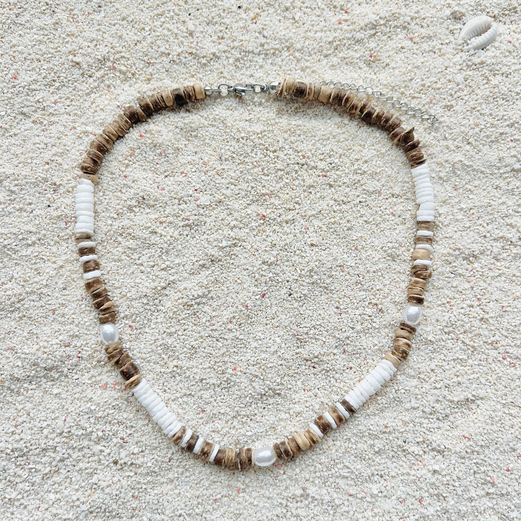Coconut Shell and Faux Pearl Choker