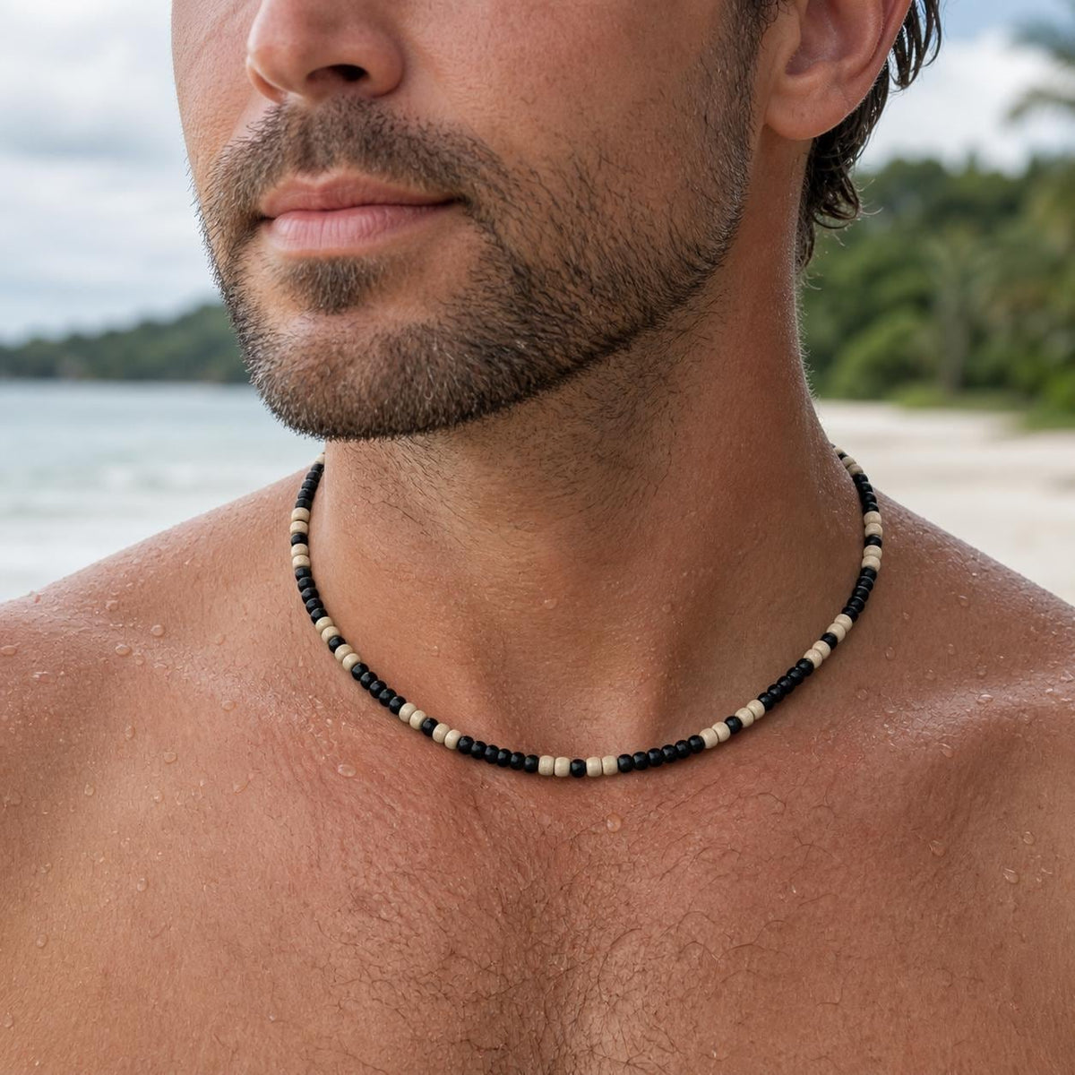 Black and Natural Wood Bead Necklace