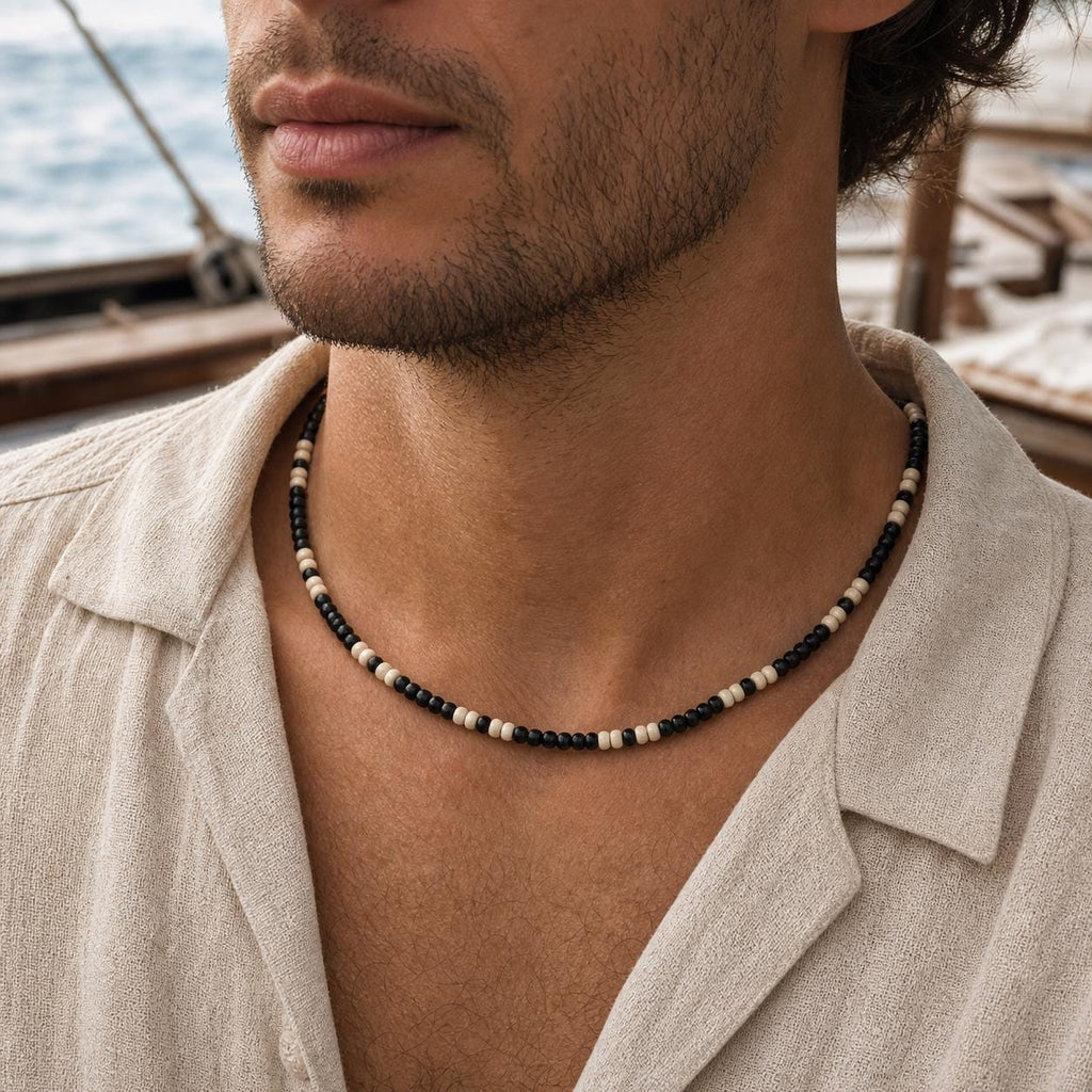 Black and Natural Wood Bead Necklace