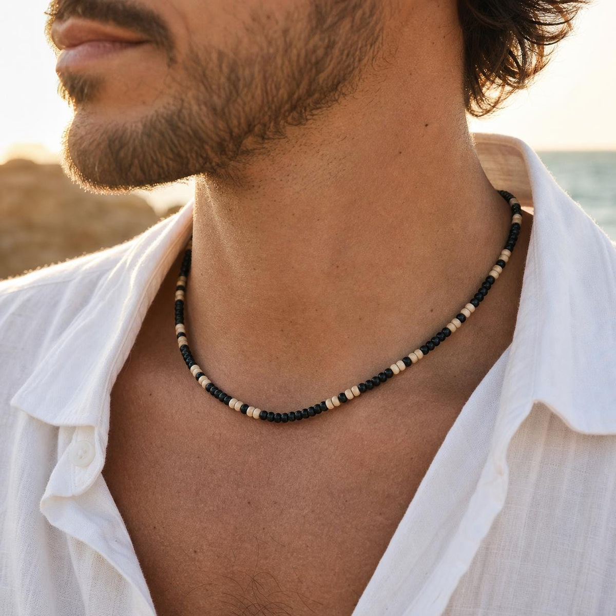 Black and Natural Wood Bead Necklace