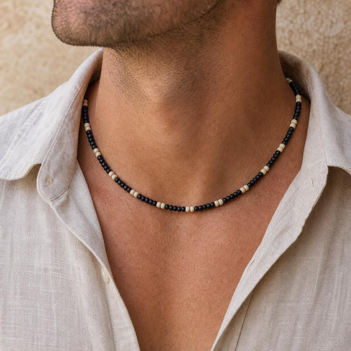 Black and Natural Wood Bead Necklace