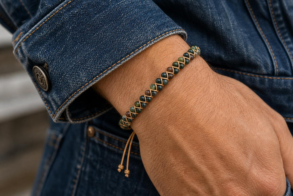 Green Agate-Style Woven Bracelet