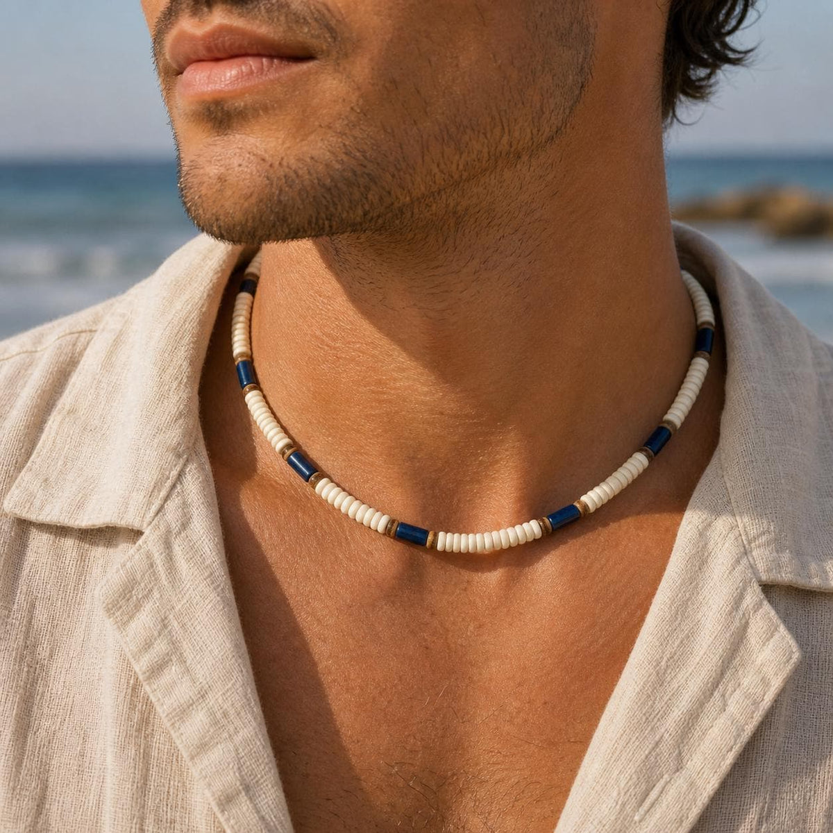 Off-White Wood and Navy Stone Bead Choker