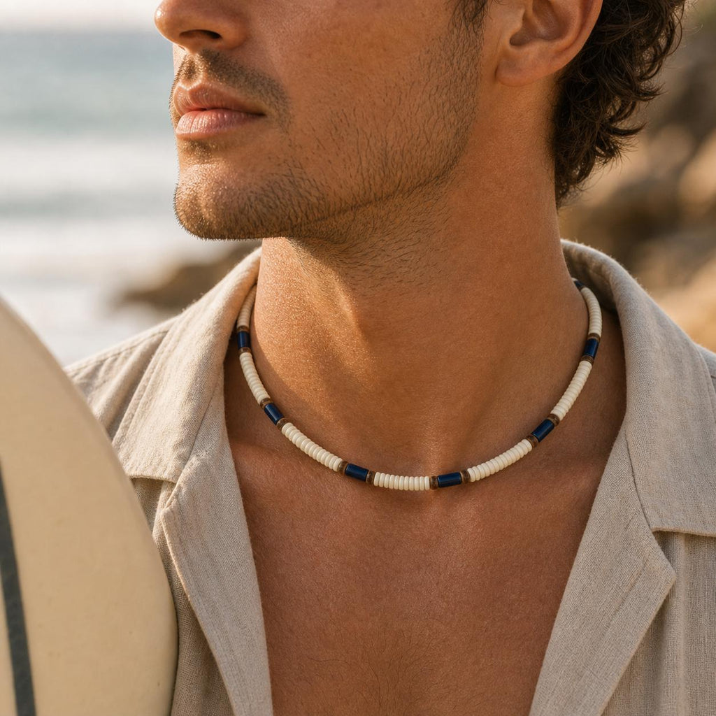 Off-White Wood and Navy Stone Bead Choker