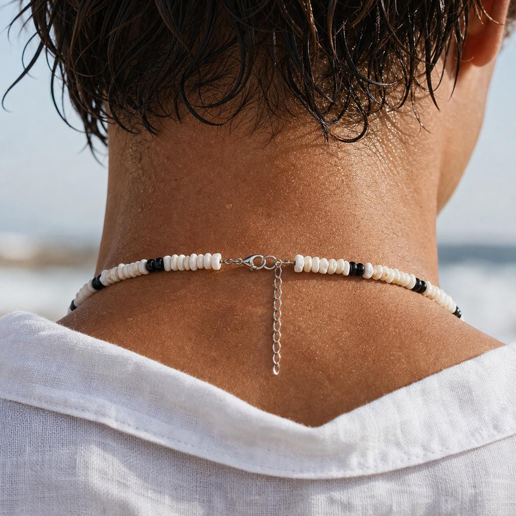 White Shell Chip and Black Bead Choker