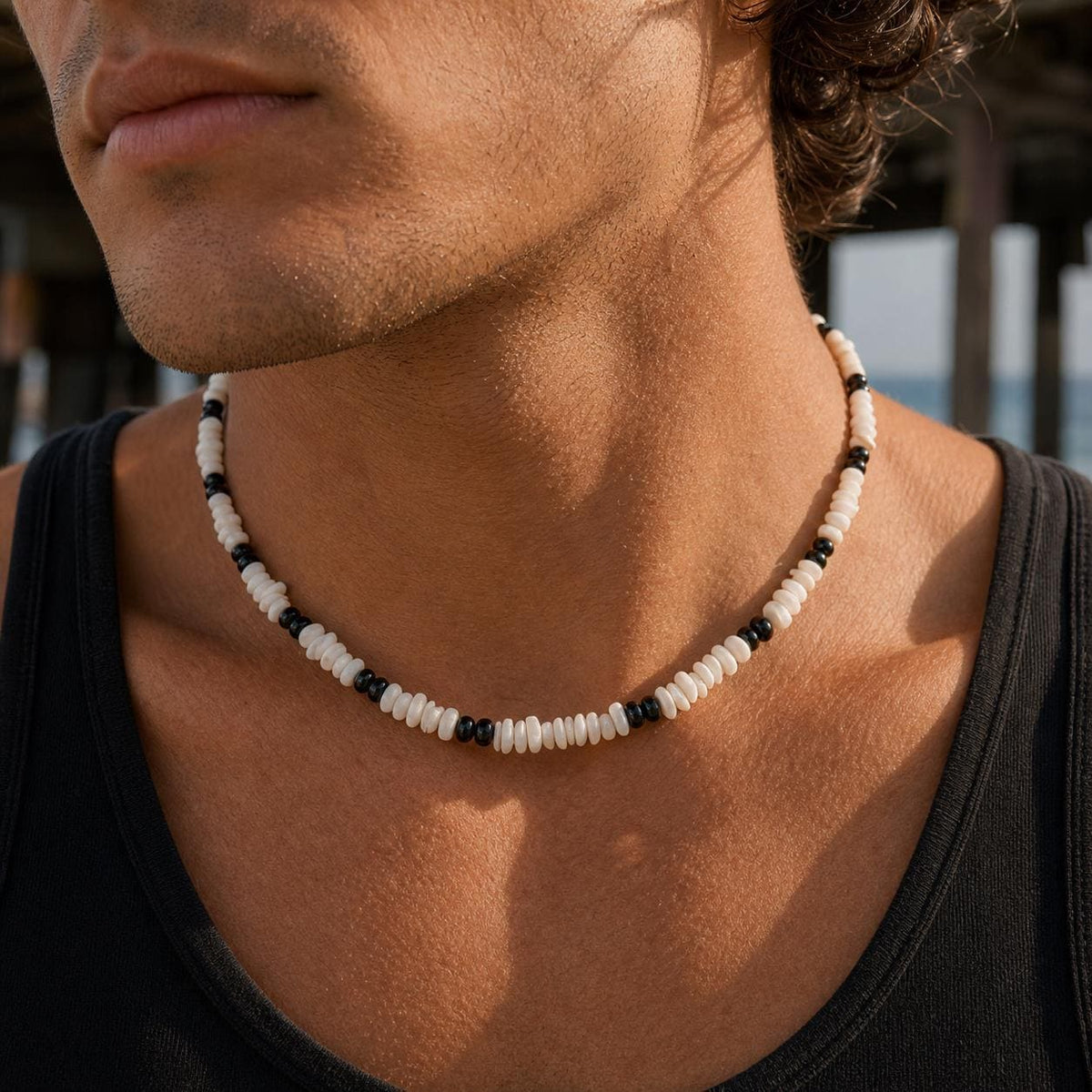 White Shell Chip and Black Bead Choker