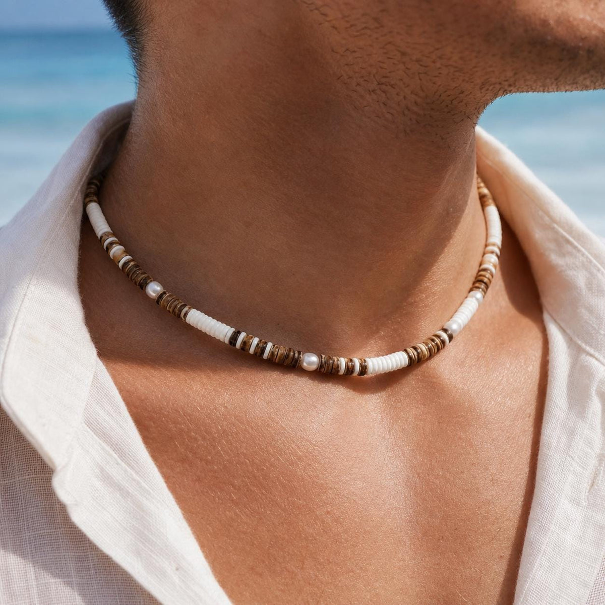 Coconut Shell and Faux Pearl Choker