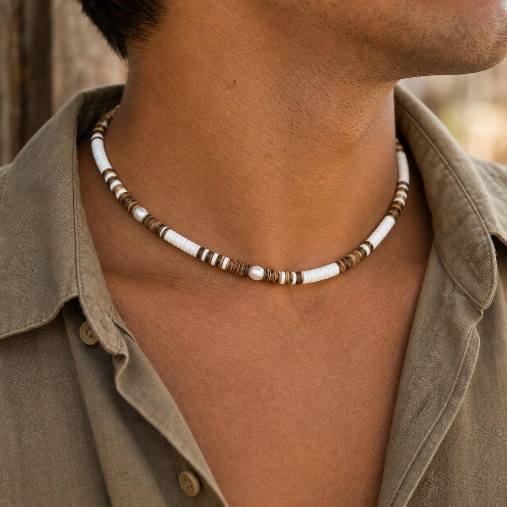 Coconut Shell and Faux Pearl Choker