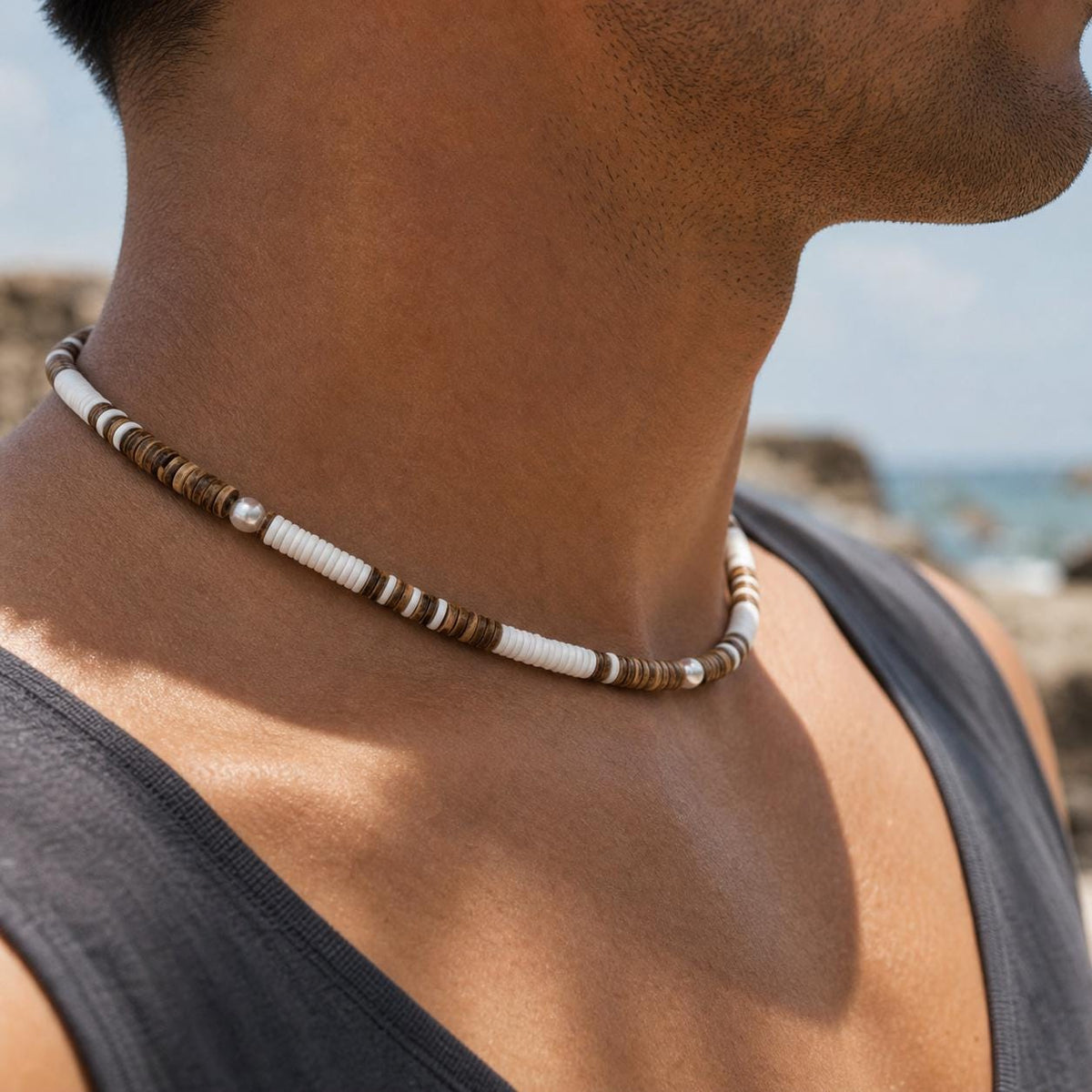 Coconut Shell and Faux Pearl Choker