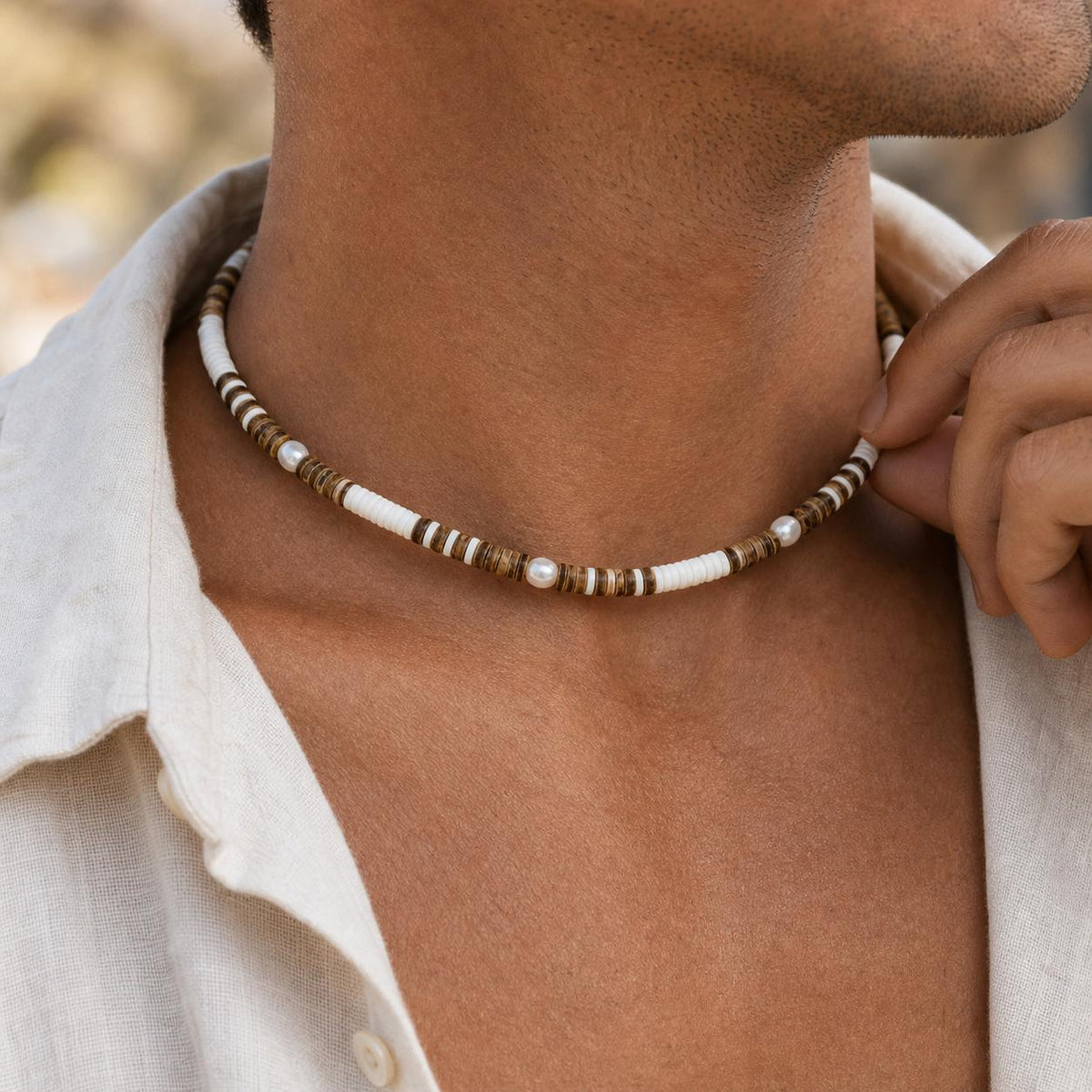 Coconut Shell and Faux Pearl Choker