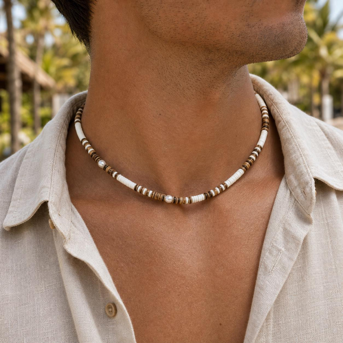 Coconut Shell and Faux Pearl Choker