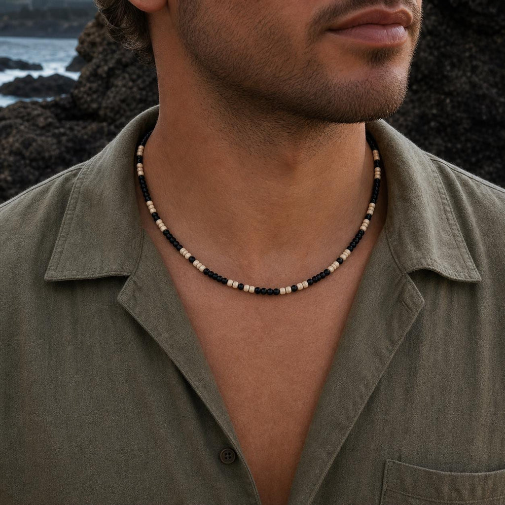 Black and Natural Wood Bead Necklace