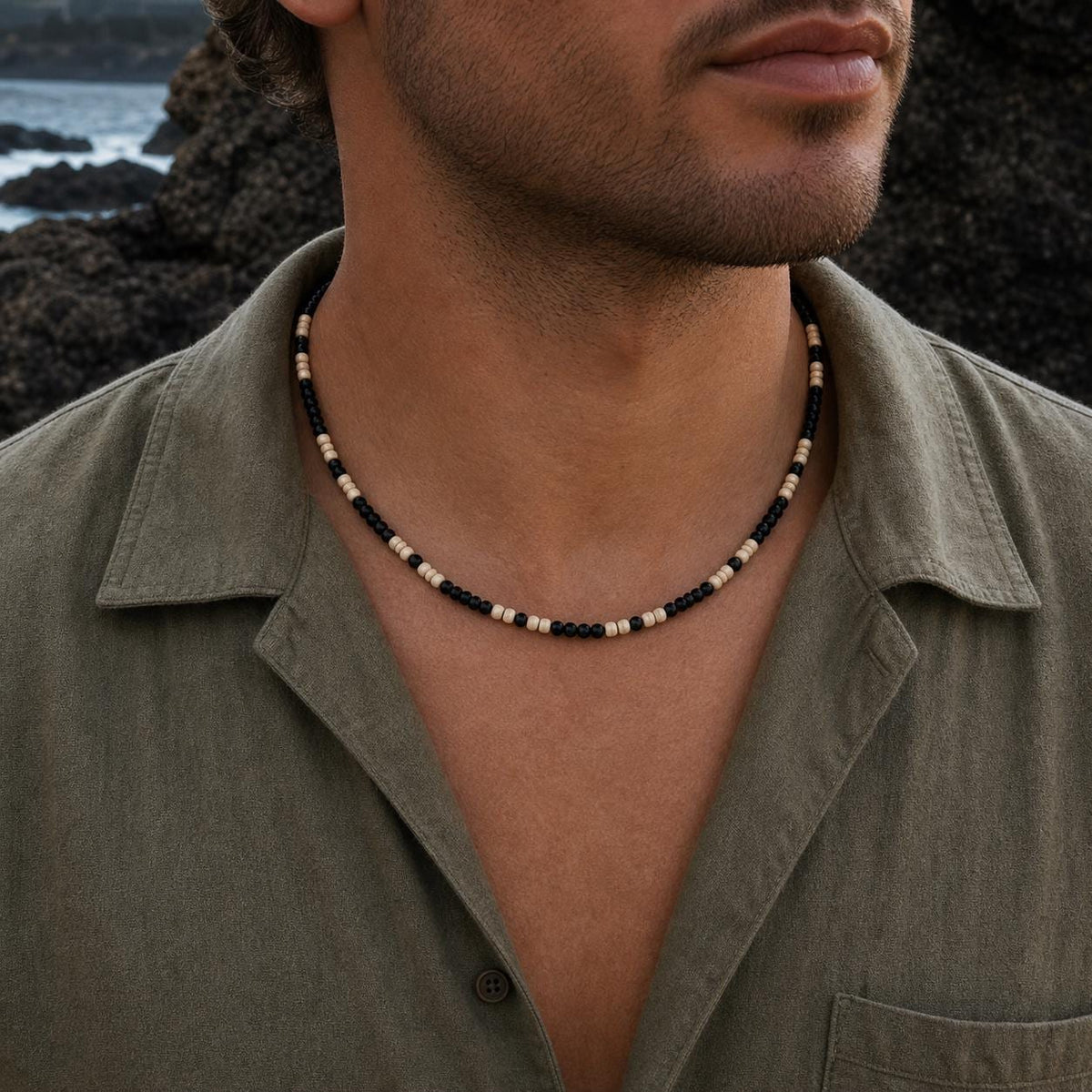 Black and Natural Wood Bead Necklace