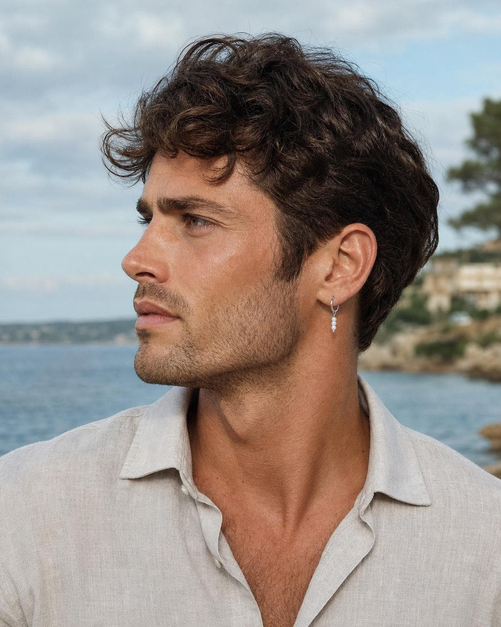 Three-Pearl Drop Huggie Earring