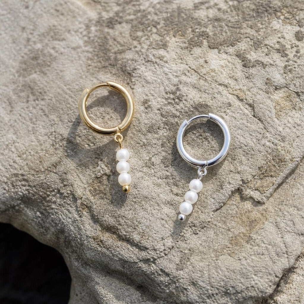 Three-Pearl Drop Huggie Earring