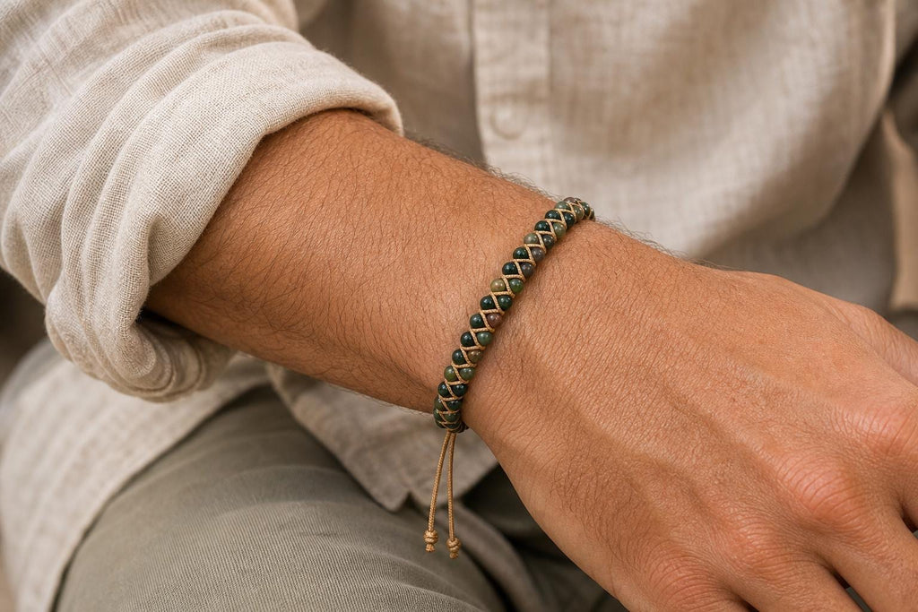 Green Agate-Style Woven Bracelet