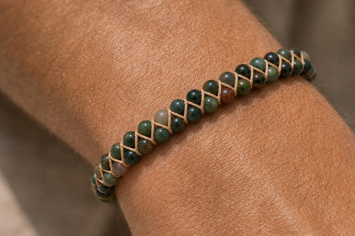 Green Agate-Style Woven Bracelet
