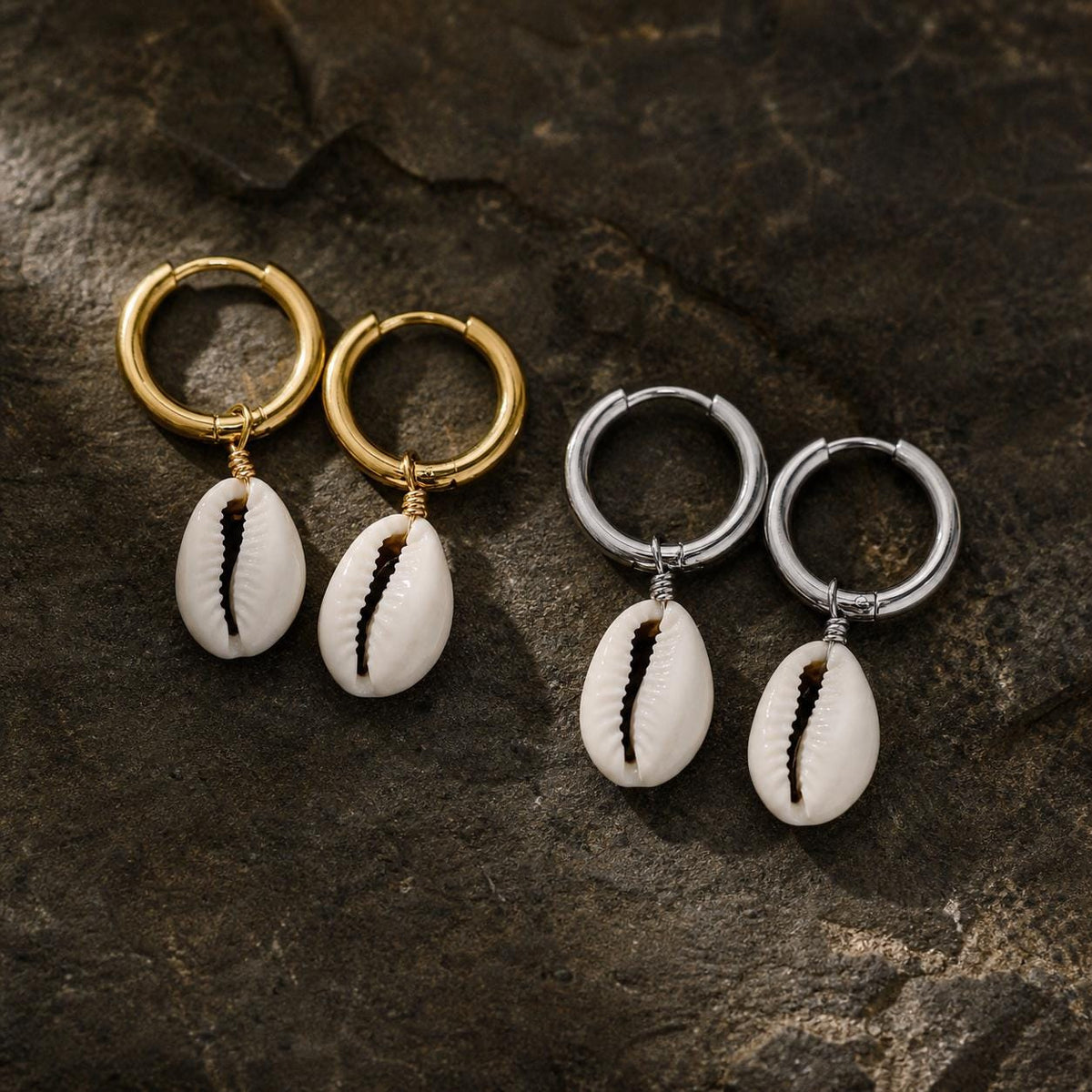 Cowrie Shell Dangle Hoop Earrings