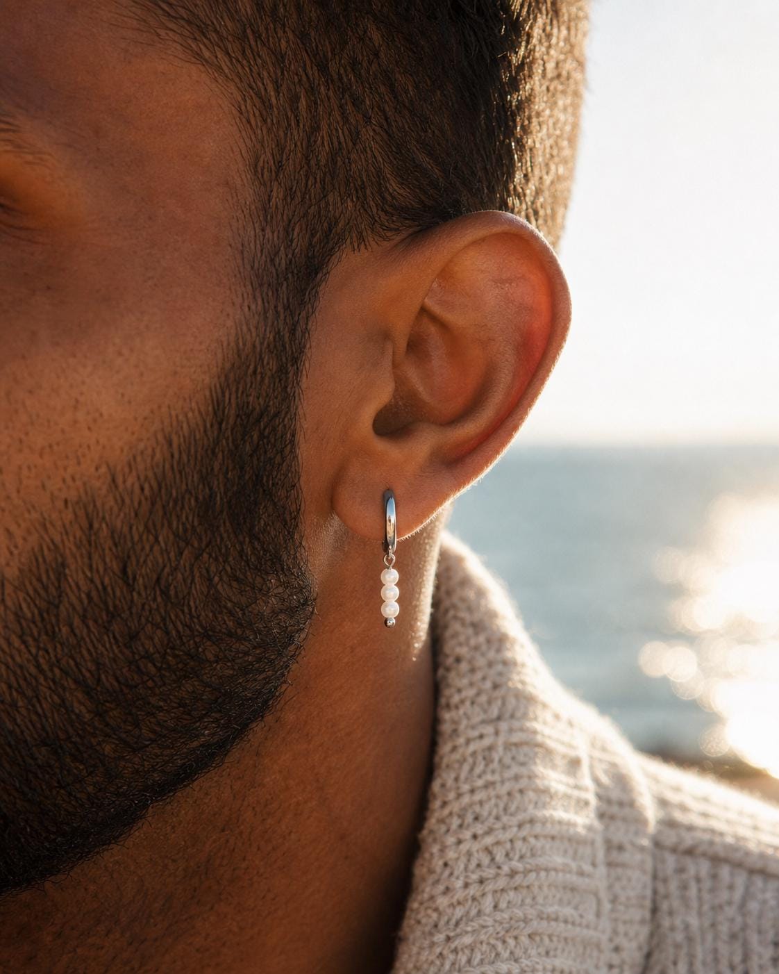 Three-Pearl Drop Huggie Earring