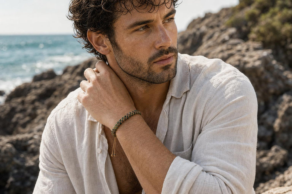 May include: A woven olive green cord bracelet featuring a braided pattern and two thin dangling strings with small metallic end caps. The bracelet is worn on the wrist and displays a textured, knotted design crafted from durable cord material.