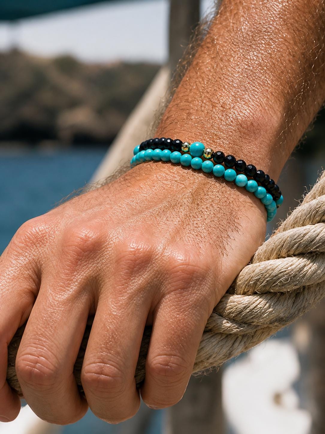 Turquoise-Color and Black Bead Bracelet Set