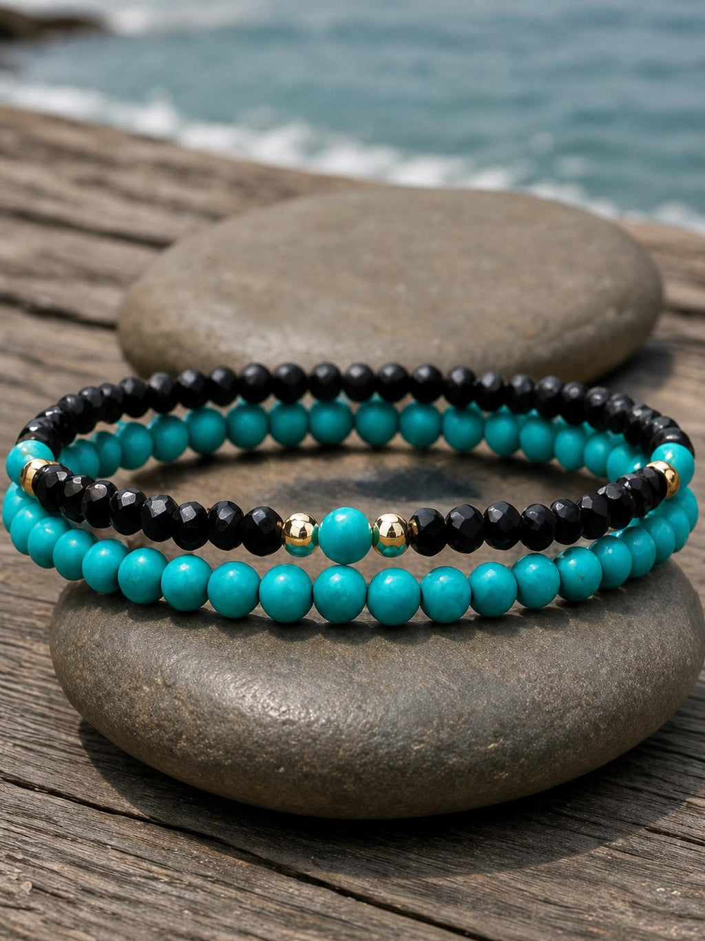 Turquoise-Color and Black Bead Bracelet Set
